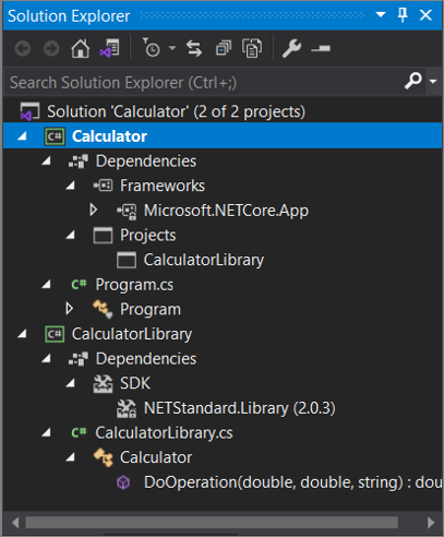 Screenshot of Solution Explorer with two projects in Visual Studio 2019.