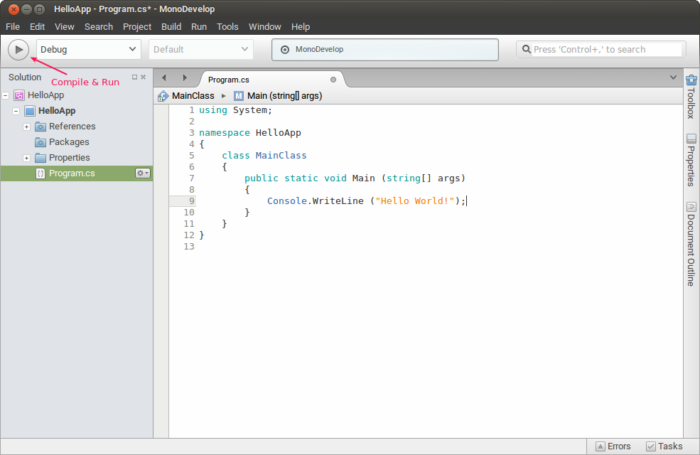 Kompilasi dan eksekusi program C# di Monodevelop