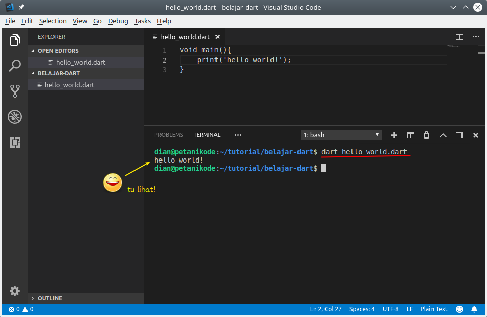 Program Hello World dengan Dart