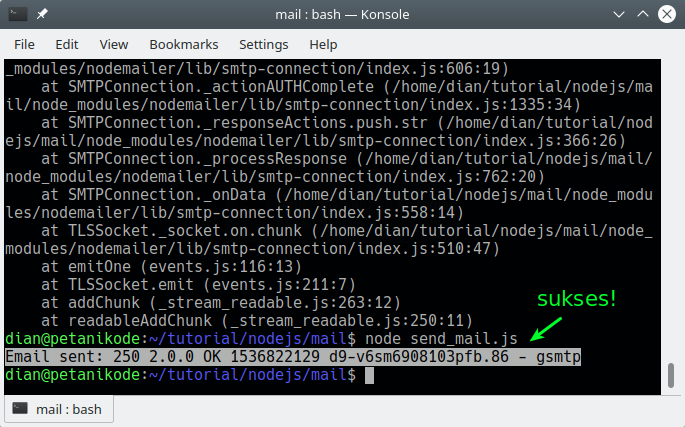 Sukses kirim email dengan gmail dan nodejs